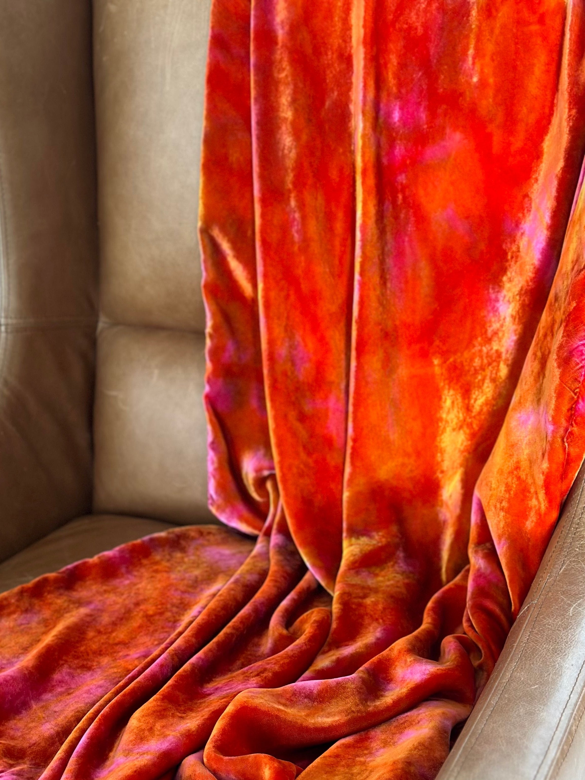 Luxury silk velvet blanket in fire opal multicolor tones of carmine orange fuschia and yellow