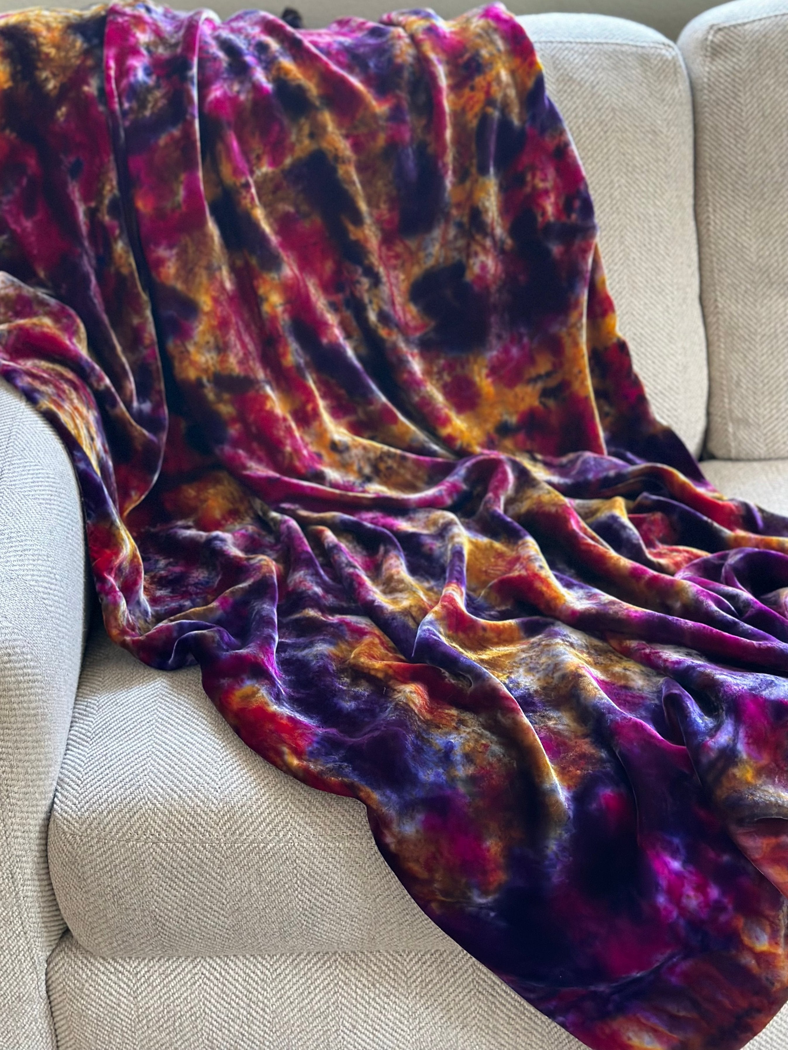 Luxury silk velvet blanket in nebula tones of purple fuschia yellow gold